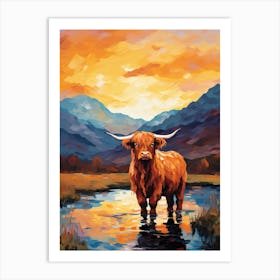 Sunset Brushstroke Impressionsim Style Painting Of A Highland Cow 3 Art Print