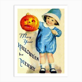 Little Boy With Pumpkin Wishes You A Happy Halloween Art Print