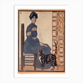 Woman Sitting On A Chair Holding A Book With A Cat Looking On, Edward Penfield Art Print