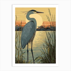 Vintage Bird Linocut Egret 4 Art Print