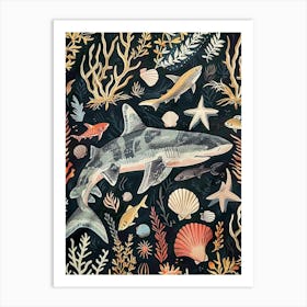 Carpet Shark Seascape Black Background Illustration 2 Art Print