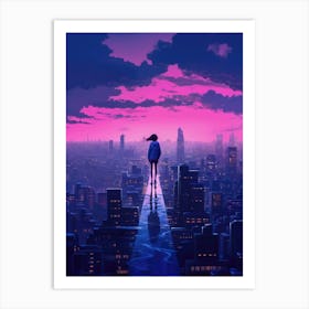 Neon Anime Girl Standing On A Bridge above the City Art Print