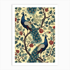 Two Peacocks Floral Wallpaper 4 Art Print