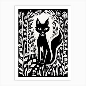 Fox In The Forest Linocut Illustration 1  Art Print