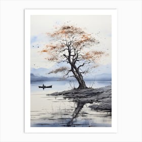 Lake Biwa In Shiga, Japanese Brush Painting, Ukiyo E, Minimal 4 Art Print