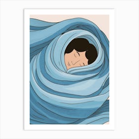 Woman Sleeping In A Blue Blanket Art Print