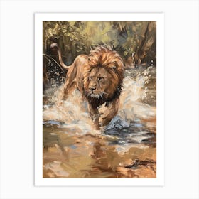 African Lion Crossing A River Acrylic Painting 4 Art Print