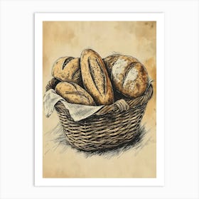 Rustic Bread In A Basket Watercolour Illustration 1 Art Print