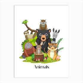 46.Beautiful jungle animals. Fun. Play. Souvenir photo. World Animal Day. Nursery rooms. Children: Decorate the place to make it look more beautiful. Art Print