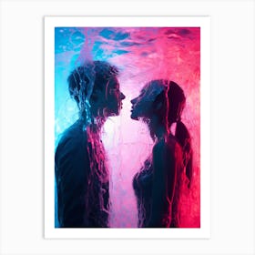 Cyber Serenade: Lovers in a Pink Hued Matrix. Underwater Couple Kissing/ love concept AI Aesestetc Art Print