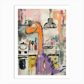 Abstract Purple Graffiti Style Dinosaur In The Kitchen 1 Art Print