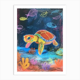Sea Turtle & Friends At Night In The Ocean Art Print