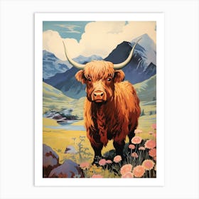 Brown Highland Bull In Picturesque Valley Art Print