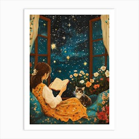 Girl Reading Book with Her Cat 19 Art Print