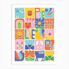 Happy Colorful Birds Cats Flowers Kids Art Print