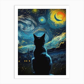 The Starry Night Cat Van Gogh Vertical Art Print