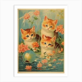 Vintage Cats In A Pond Kitsch Art Print