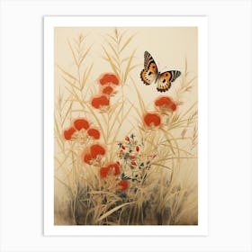 Butterflies In Wild Flowers Japanese Style Painting 8 Art Print