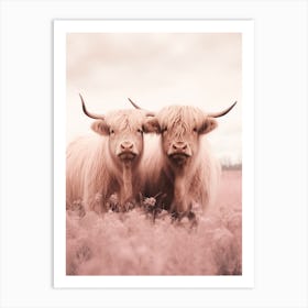 Two Highland Cows Pink Portrait 4 Art Print