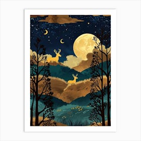 Night Landscape With Deer 2 Art Print