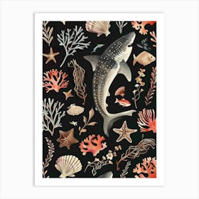 Shark Seascape Black Background Illustration 3 Art Print