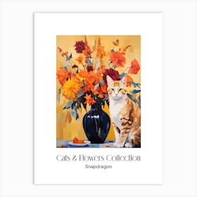 Cats & Flowers Collection Snapdragon Flower Vase And A Cat, A Painting In The Style Of Matisse 2 Art Print