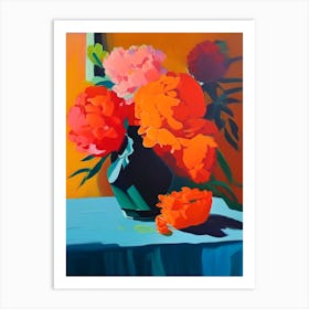 Orange Peonies On A Table Colourful 1 Painting Art Print