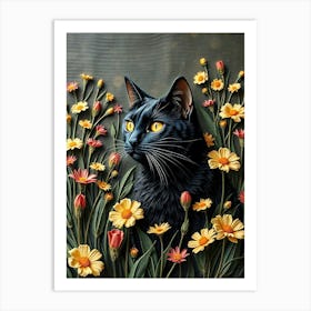 Black Cat In Flowers - Painting Art Print