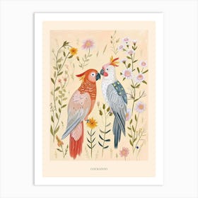 Folksy Floral Animal Drawing Cockatoo Poster Art Print