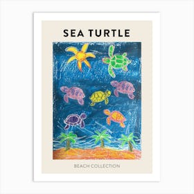 Sea Turtle Palm Tree Scribble Pattern Poster Art Print