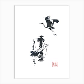 Fisherman And crane Art Print