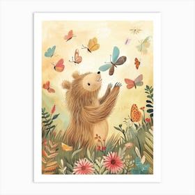 Sloth Bear Cub Playing With Butterflies Storybook Illustration 4 Art Print