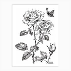 Butterfly Rose Line Drawing 3 Art Print