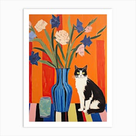 Irises Flower Vase And A Cat, A Painting In The Style Of Matisse 0 Art Print