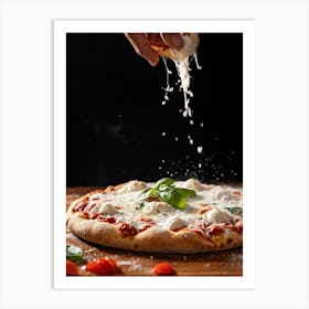 A Hand Stretching A Glistening Ball Of Pizza Dough Mid Action Flour Dusting In The Air From A Woode Art Print