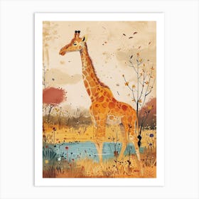 Giraffe By The Watering Hole Watercolour Illustration 4 Art Print