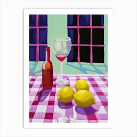Lemons On Checkered Table, Magenta Tones, Frenchch Riviera In Matisse Style 0 Art Print