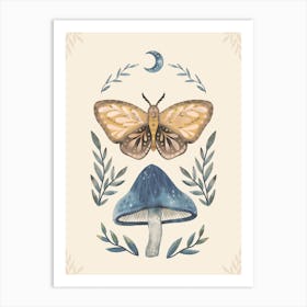 Moth On A Mushroom Boho Watercolor Art Print