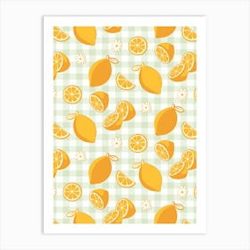 Lemon Pattern on Sage Green Gingham Art Print