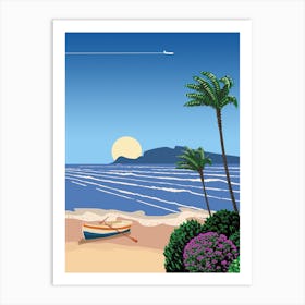 Cyprus. Beach with boat, sunrise — City Pop art, retrowave/vaporwave poster, 80s, aesthetic poster Art Print