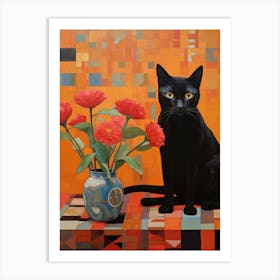 Black Cat With Red Flowers Art Print