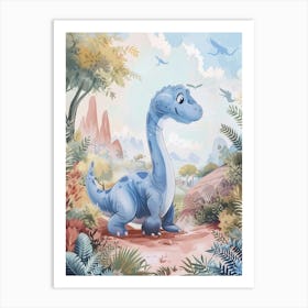 Blue Cute Dinosaur In A Rocky Landscape Storybook Style Art Print