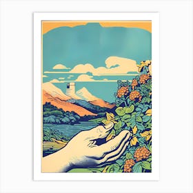 hand and flowers in landscape background Art Print