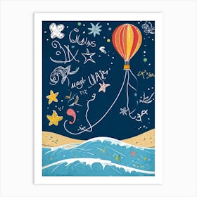 Cartoon Illustration Of A Vibrant Helium Balloon Embellished With Playful Designs Of Children At A (1) Art Print