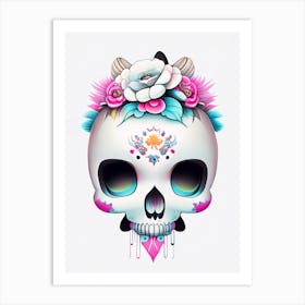 Skull With Tattoo Style Artwork Primary 3 Colours Kawaii Art Print