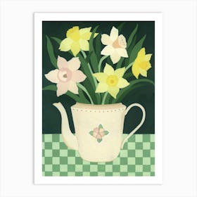 Daffodil Bouquet Vintage Teapot Painting Art Print