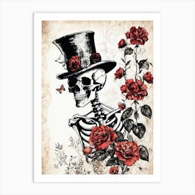 Floral Skeleton With Hat Ink Painting (77) Art Print