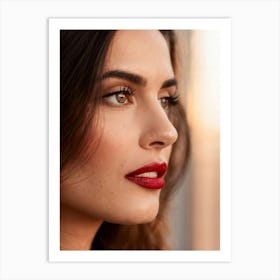 Close Up Of Full Profile Brown Eyes Gazing Directly At Viewer Red Lips Slightly Parted Set Agains Art Print