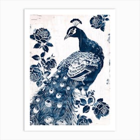 Navy Linocut Inspired Peacock With The Roses 3 Art Print