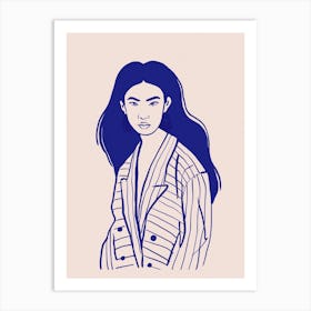 Portrait of an Asian Woman. Minimalist Blue Line Art Print